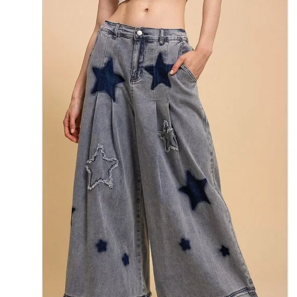Blue Velvet STAR PATCH WIDE LEG STRETCHY DENIM PANTS NEW - Picture 3 of 5
